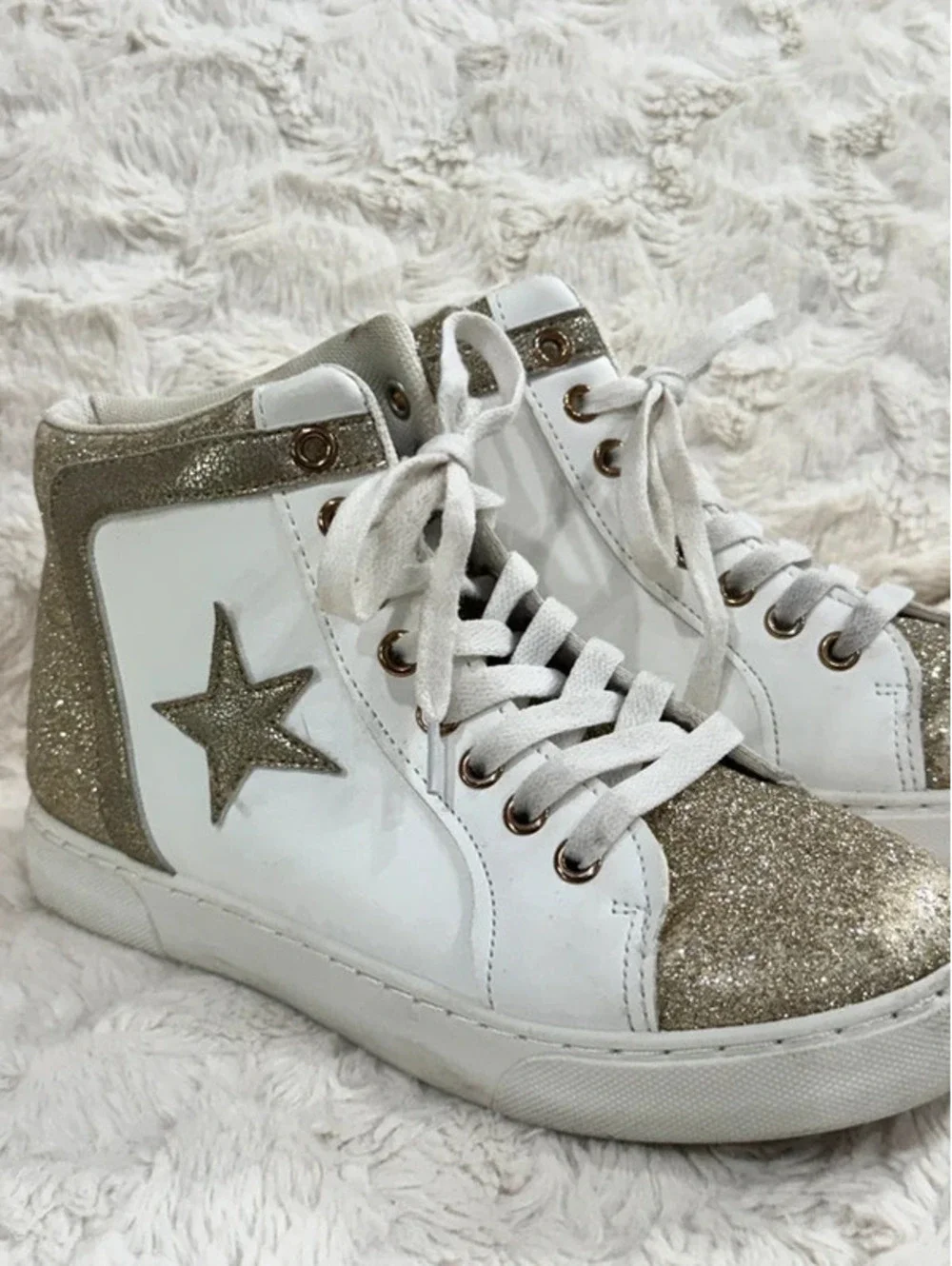 Women’s Boutique High-Tops, white and gold. Size 7